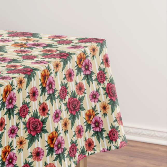 Toalha De Mesa Flores Douradas e Vermelhas Rosa em faixas de esta (Posição Original)