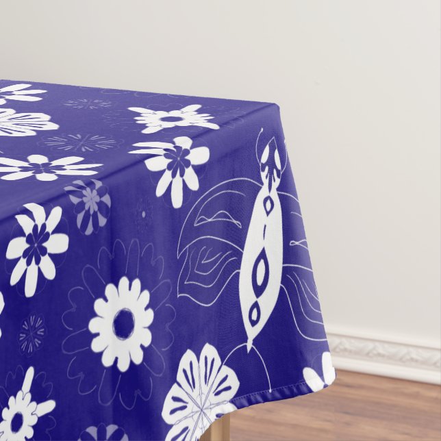 Toalha De Mesa Flores e borboletas padrão azul e branco (Posição Original)