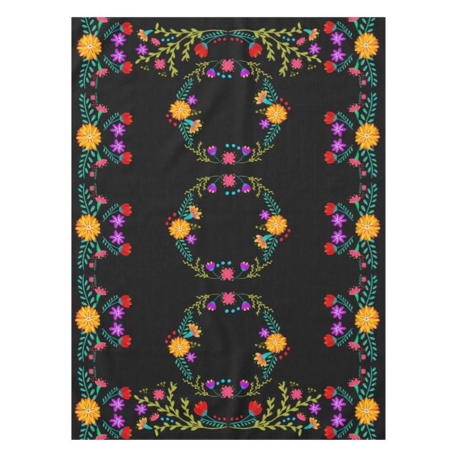 Toalha De Mesa Flores Mexicanas Fiesta em Preto (Frente)