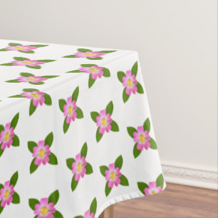 Toalha De Mesa Flores Rosa e Folhas Verdes na Tableta Branca