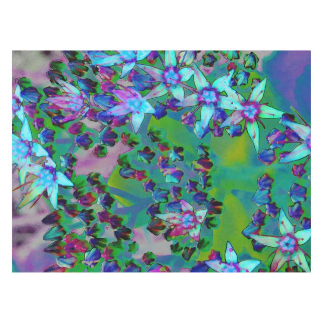 Toalha De Mesa Flores-Sedum Sucultas em Aqua, Roxo e Azul (Frente (Horizontal))