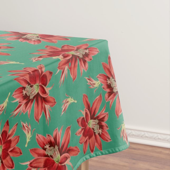 Toalha De Mesa Flores Vermelhas de Cactus de Natal em Padrão Verd (Posição Original)