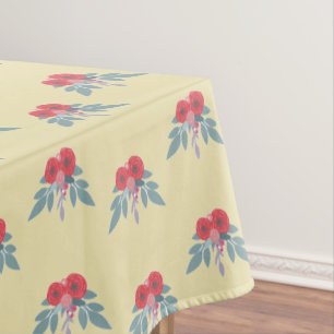 Toalha De Mesa Flores vermelhas e folhas verdes em castanho