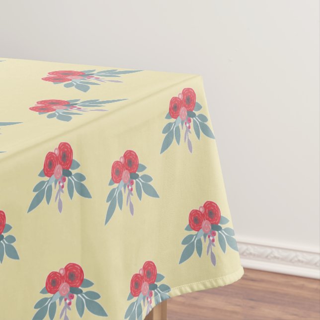 Toalha De Mesa Flores vermelhas e folhas verdes em castanho (Posição Original)