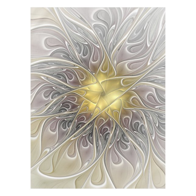 Toalha De Mesa Florescer Com Flor Fractal Abstrata Moderna Dourad (Frente)