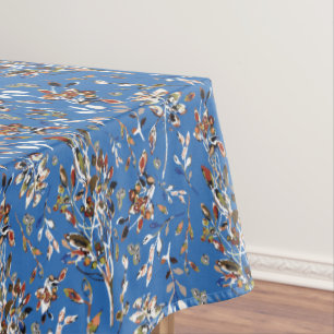 Toalha De Mesa Folhas Berries Azul Elegante Aquarela Floral