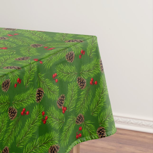 Toalha De Mesa Folhas de Pinheiro de Natal, Cones e Bagas em Verd (Posição Original)