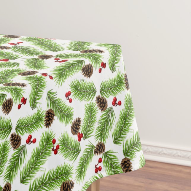 Toalha De Mesa Folhas de Pinheiro Verde de Natal, Cones e Bagas V (Posição Original)