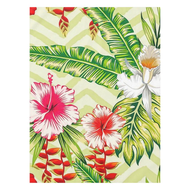Toalha De Mesa Folhas Tropicais Elegantes e Flores de Hibisco | (Frente)