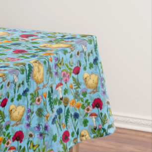 Toalha De Mesa Galinhas e flores silvestres em azul-bebê
