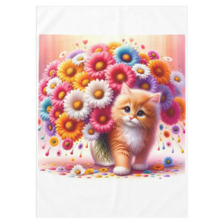 Toalha De Mesa Gatinho Adorável com Buquê de Flor Colorido
