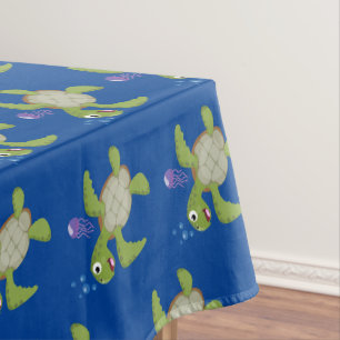 Toalha De Mesa Ilustração animada feliz da tartaruga verde-branca