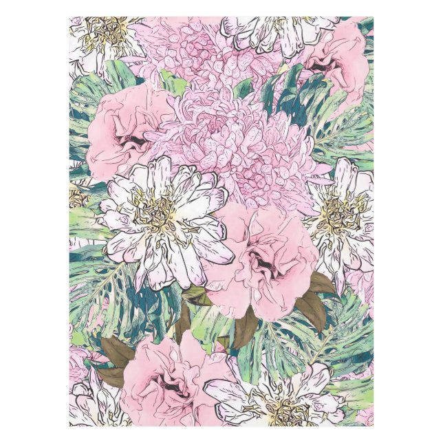 Toalha De Mesa Ilustração Floral Branco e Rosa Brilhante (Frente)