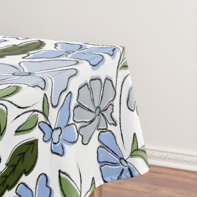 Toalha De Mesa Impressão de Bloco Floral Desenhado à Mão Azul e V (Posição Original)