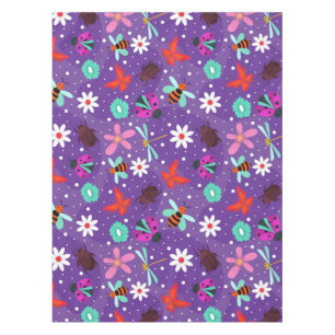 Toalha De Mesa Insetos Coloridos e Flores em um Fundo Roxo