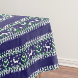 Toalha De Mesa Inverno Azul Escuro e Verde Natal Fair Isle