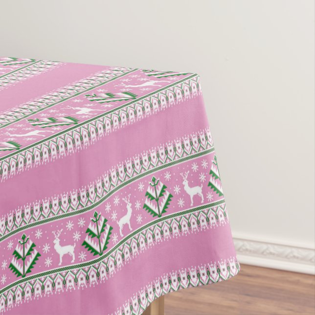 Toalha De Mesa Inverno Rosa Claro e Branco Natal Fair Isle (Posição Original)