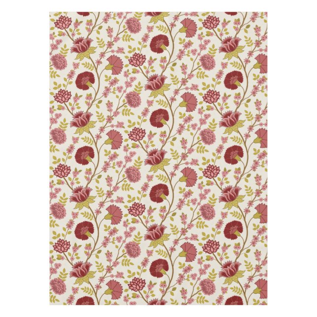 Toalha De Mesa Jacobean Floral Reds Pinks Dourado Cream (Frente)