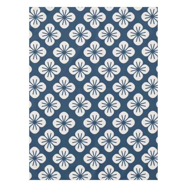 Toalha De Mesa Japanese Navy Blue Ivory Floral Geometric Pattern (Frente)