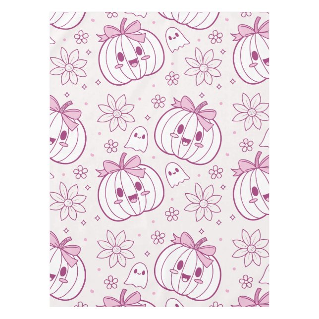 Toalha De Mesa Kawaii Pumpkins, Fantasmas e Flores (Frente)