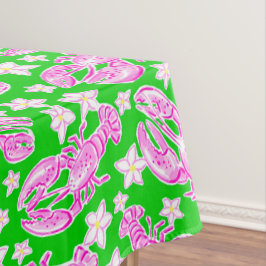 Toalha De Mesa Lagosta Rosa Préppy e Floral Verde Chic Costeiro