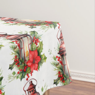 Toalha De Mesa Lanterna de Natal Vermelho Poinsettia e Pino Padrã