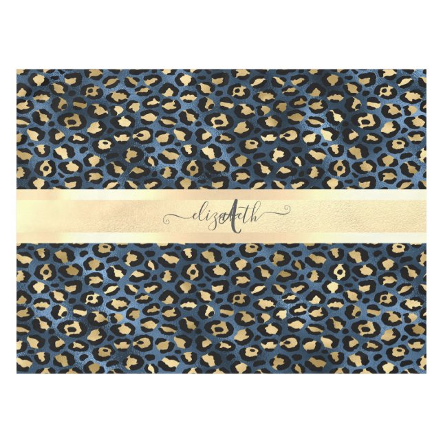 Toalha De Mesa Leopard Padrão Monograma Dourado Azul (Frente (Horizontal))