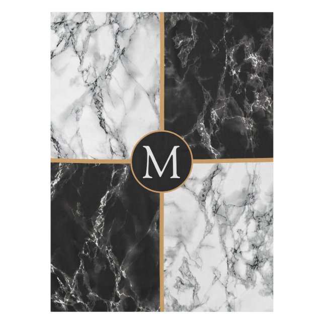Toalha De Mesa Letra Monograma de Tablecloe de Mármore Preto e Br (Frente)