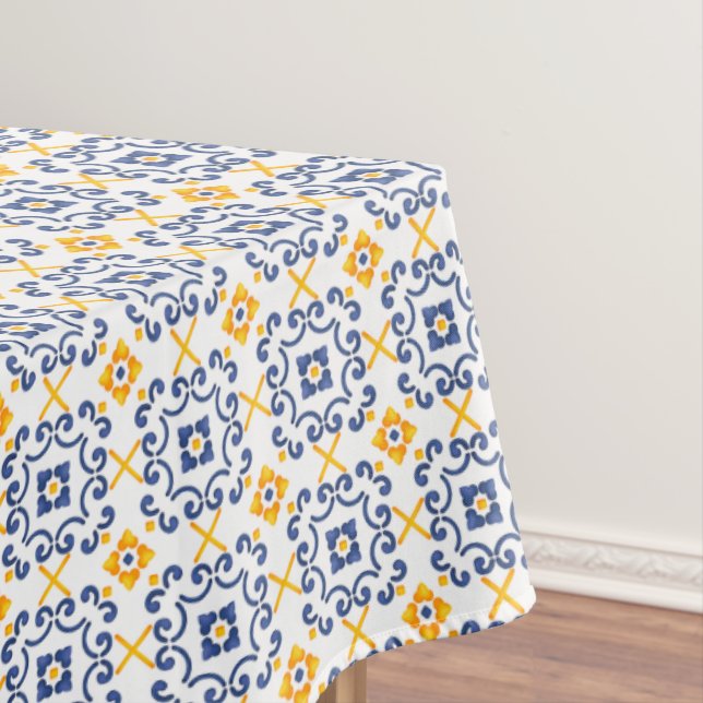 Toalha De Mesa Limão fresco amarelo e azul no Mediterrâneo branco (Posição Original)