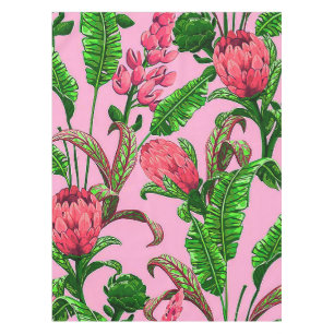 Toalha De Mesa Lindas Folhas Verdes Tropicais com Flores Vermelha