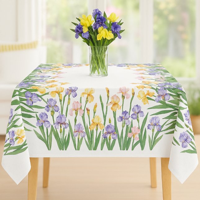 Toalha De Mesa Lindas Íris Roxas e Amarelas / Flor de Primavera (Elegant watercolor iris tablecloth with edge-border design in purple, yellow, flower blooms)