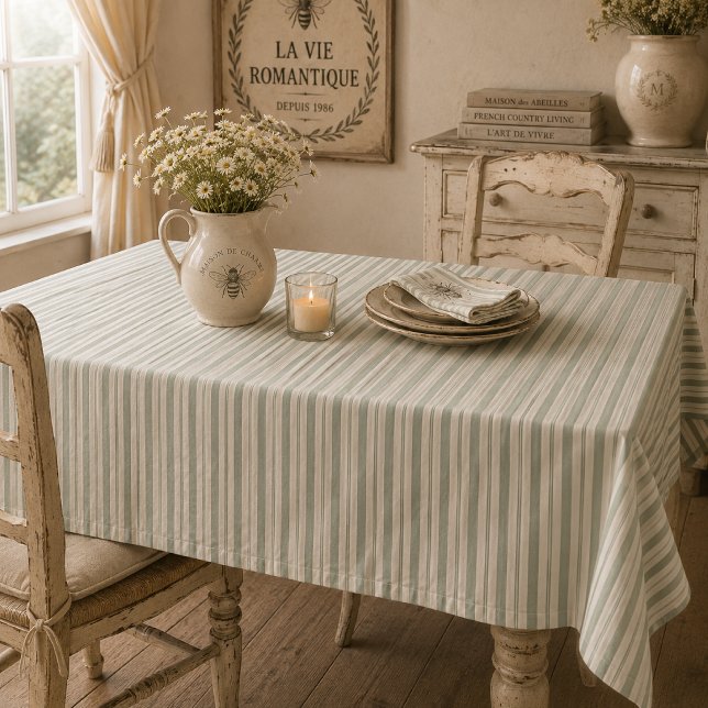 Toalha De Mesa Listras de Campo Francês Sage Silenciadas | Rustic (Criador carregado)