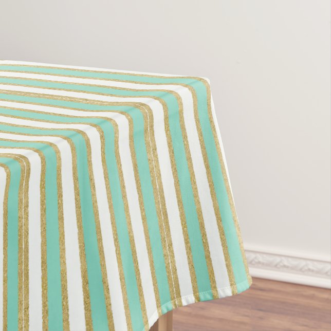 Toalha De Mesa Listras Modernas em Dourado e Verde Menta (Posição Original)