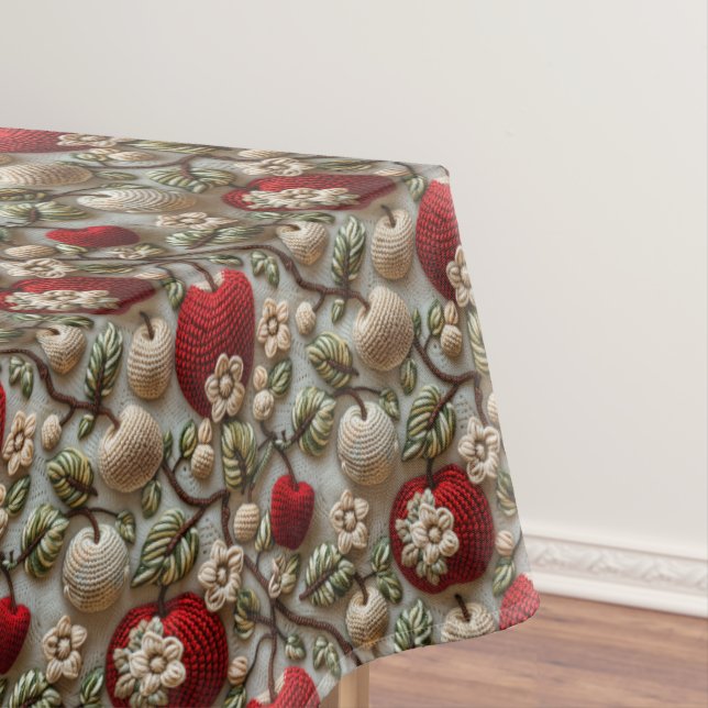Toalha De Mesa Maçãs Vermelhas e Flores Brancas Falso Crochê  (Posição Original)