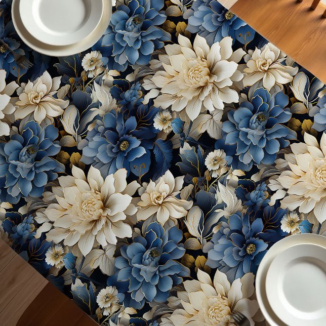Toalha de Mesa Macia Floral Azul Branco Marfim Lux (Luxury Blue White Ivory Floral Soft Tablecloth)