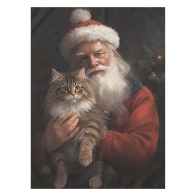 Toalha De Mesa Maine Coon com Papai Noel Natal Festivo (Frente)