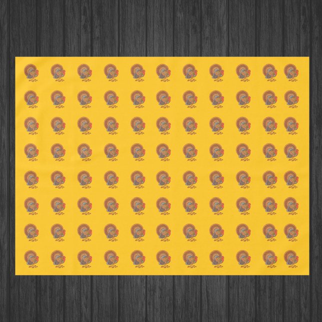 Toalha De Mesa Male Thanksgiving Turkeys Fanned Tail Gold (Male turkeys fanned tails with orange brown feathers in leaves on golden Thanksgiving table cloths.)