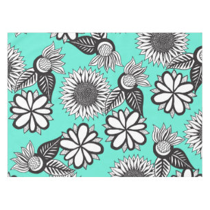 Toalha De Mesa Mão boémia branca preta flores tiradas na cerceta