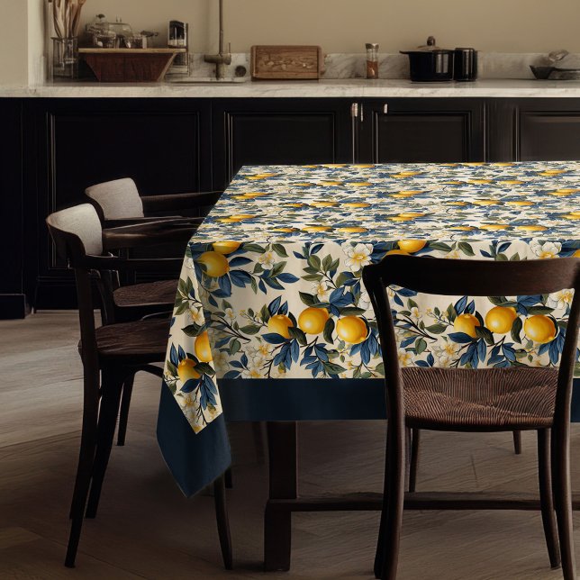 Toalha De Mesa Marinho azul-limão-amarelo-mediterrânico (Summer Mediterranean yellow lemons navy blue Tablecloth)