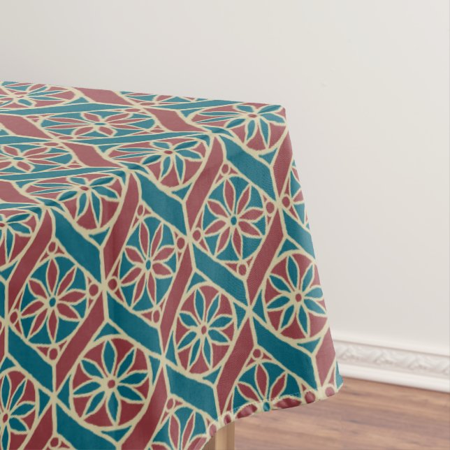Toalha De Mesa Maroon, Padrão Étnico Teal, Flores, Cevrons (Posição Original)