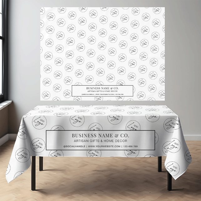 Toalha De Mesa Mínimo de Promocional de logotipo comercial (Minimalist white business  branded tablecloth with custom text & logo *this mockup is Ai generated)