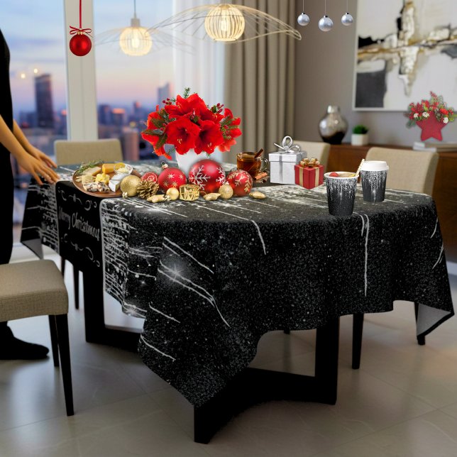 Toalha De Mesa Modern Black and Silver Sparkly "Merry Christmas" (Modern black and silver Merry Christmas (or personalized) 60" x 104" (various sizes) tablecloth )