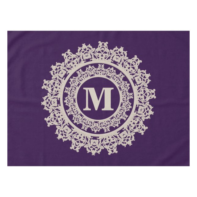 Toalha De Mesa Monograma elegante roxo e de creme (Frente (Horizontal))