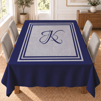 Toalha De Mesa Monograma Quadrado Geométrico Azul Cinza Elegante