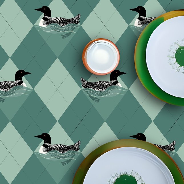 Toalha De Mesa Nadando Pássaros Verdes Lago de Argyle Decor (Lake cabin Loon pattern green argyle tablecloth)