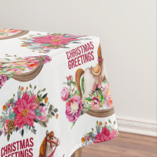 Toalha De Mesa Natal Vitoriano do Cavalo Rocking e Poinsettia