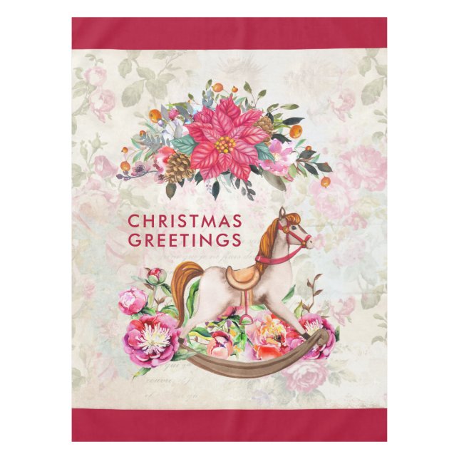 Toalha De Mesa Natal Vitoriano do Cavalo Rocking e Poinsettia (Frente)