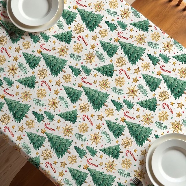 Toalha de mesa natalina rústica em vermelho verde  (Rustic Christmas trees earthy red green tablecloth)
