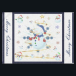 Toalha De Mesa O Glittery Christmas Snowman -<br><div class="desc">Este design apresenta um floco de neve branco e azul, uma árvore ouro, flocos de neve coloridos e muitos homens de neve vestidos para uma fria época de Natal. Uma falha foi adicionada a este design. Um fundo branco foi adicionado com uma borda azul. Feliz Natal foi adicionado a este...</div>