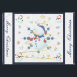 Toalha De Mesa O Glittery Christmas Snowman -<br><div class="desc">Este design apresenta um floco de neve branco e azul, uma árvore ouro, flocos de neve coloridos e muitos homens de neve vestidos para uma fria época de Natal. Uma falha foi adicionada a este design. Um fundo branco foi adicionado com uma borda azul. Feliz Natal foi adicionado a este...</div>